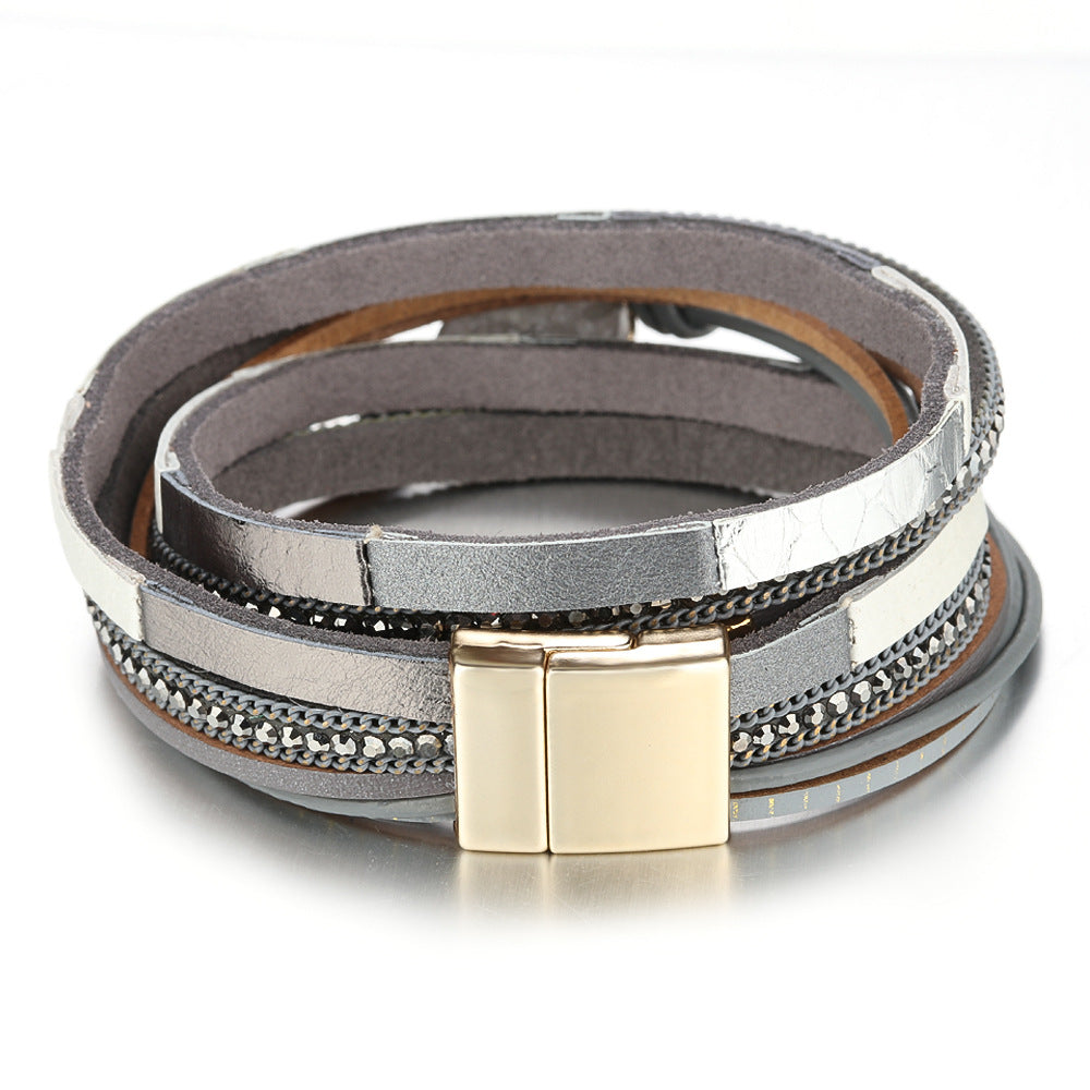 Wholesale Color Matching Elliptical Crushed Stone Magnetic Buckle Multi-layer Leather Bracelet